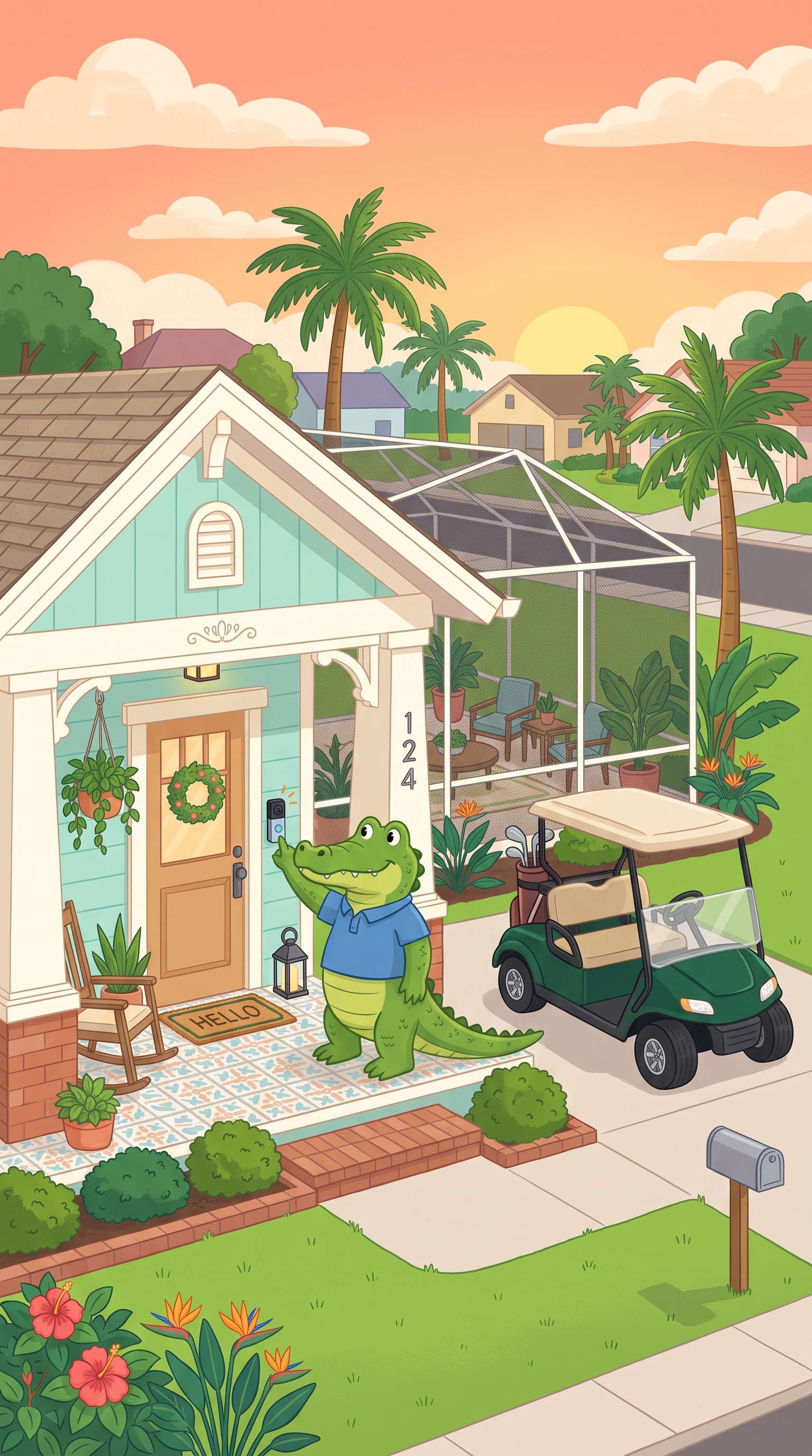 Cartoon alligator ringing a doorbell camera on a PSL porch