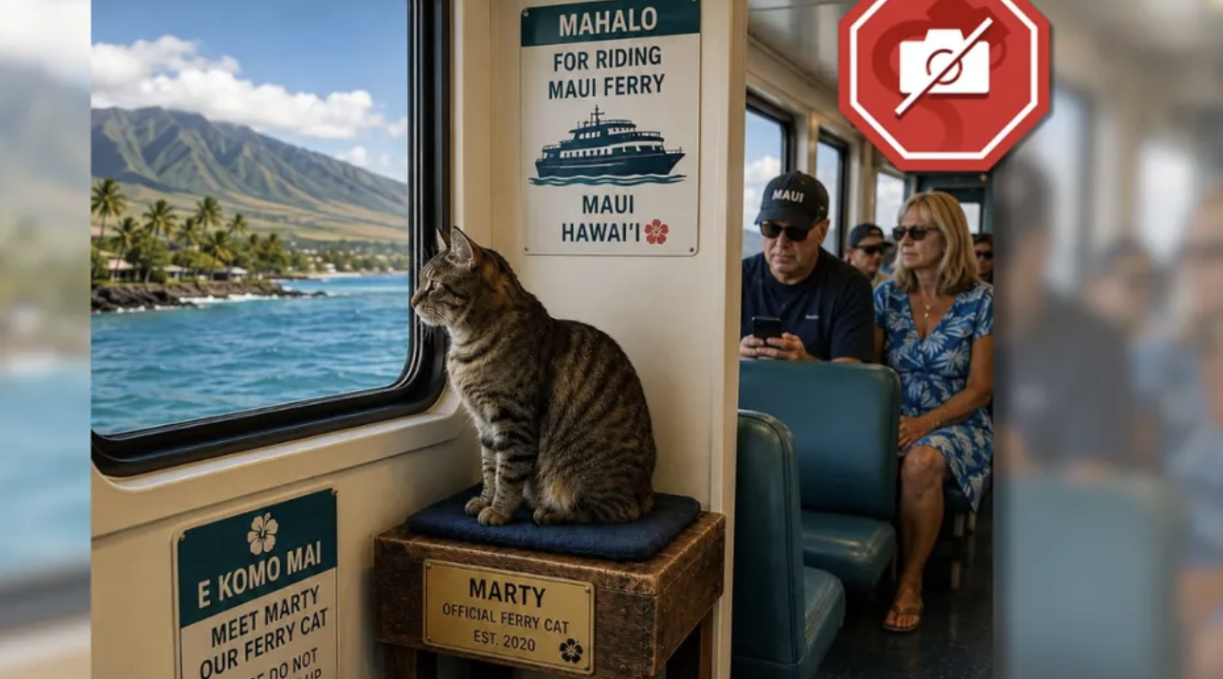 A smug gray cat perched on a tiny wooden ‘commuter’ stool aboard a ferry that exists only inside an AI
