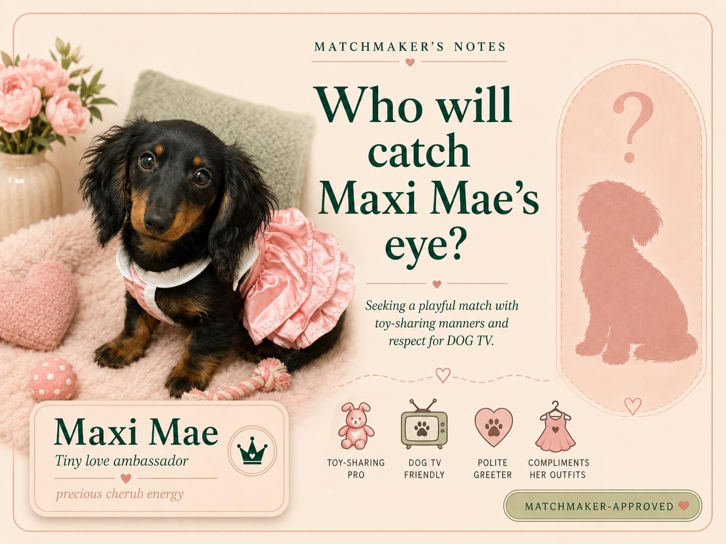 Matchmaker’s Notes graphic asking which pup will catch Maxi Mae’s eye