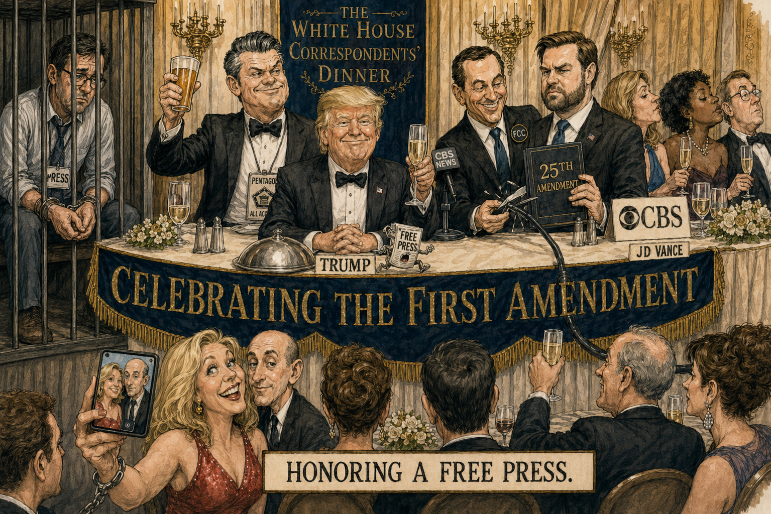 Cartoon: Trump's cabinet and CBS at the WHCD, celebrating a free press while killing it.