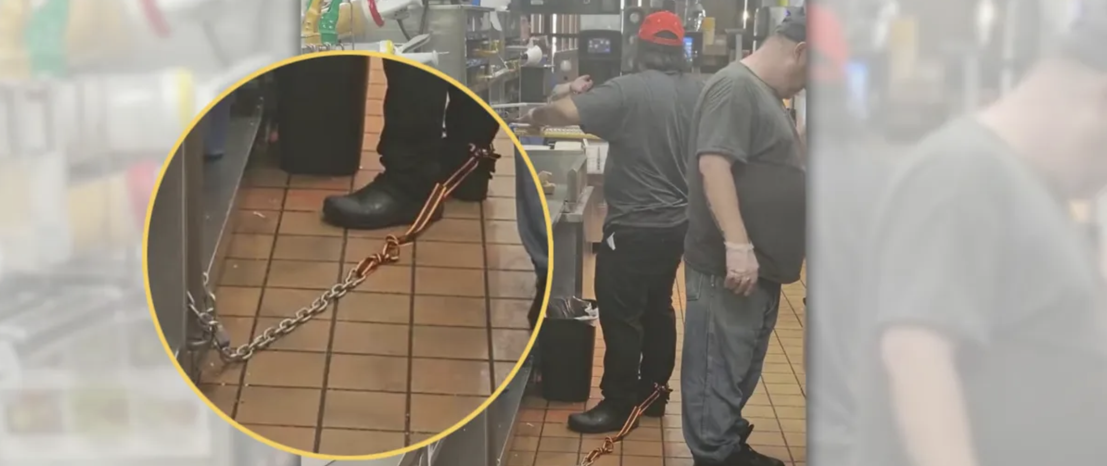 A fast-food worker with a chain on his ankle in a kitchen the internet swore was fake but mostly wasn’t