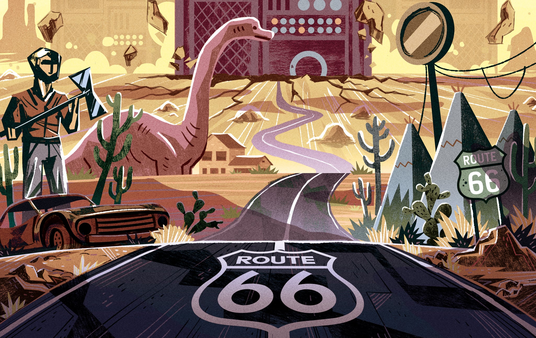 Illustration for a story about Route 66 and AI data centers