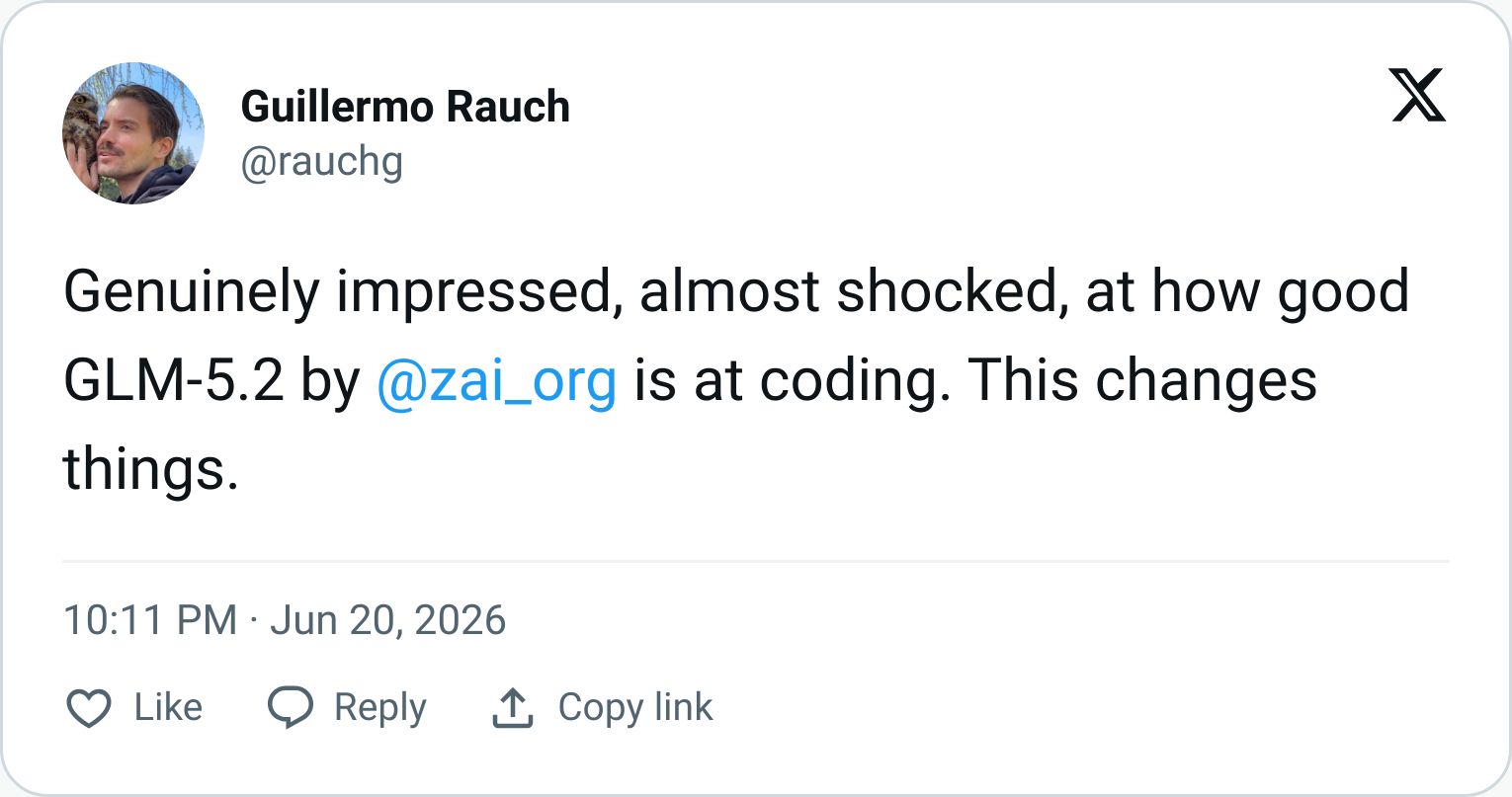 Guillermo Rauch tweet about GLM-5.2 coding performance