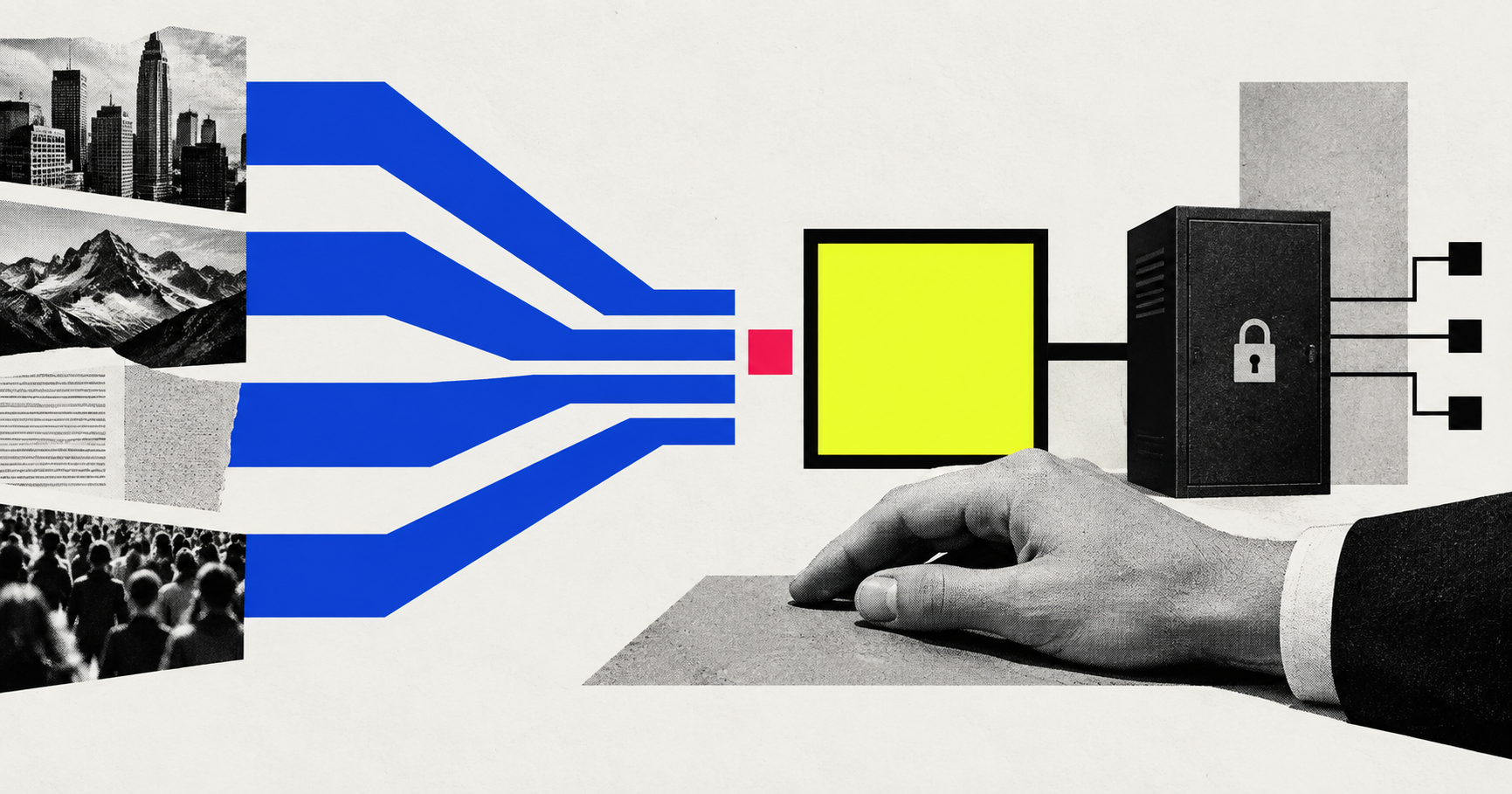 Editorial illustration of a human approval gate between AI routes and a locked control cabinet