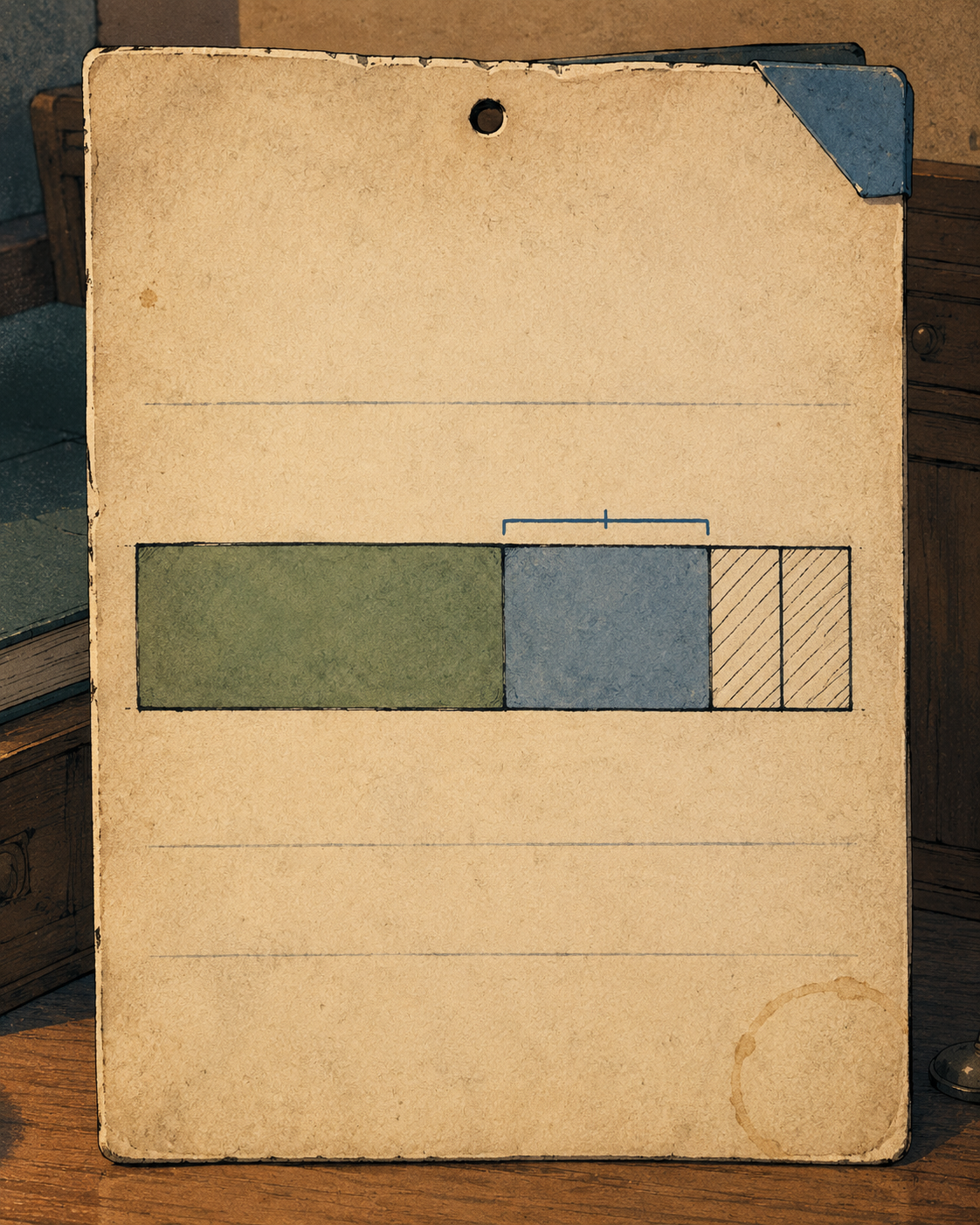 A vintage Showa-era hand-inked planning card leaning against a warm wooden desk, portrait orientation, with honest age — softly rounded corners, a faint foxing spot, a hint of a tea ring, a thumb-tack hole at top, faint pale rule lines, and a slate-blue paper corner-tab. Across the middle runs one clean matcha-green horizontal allocation bar divided into clearly unequal segments: one large dominant block on the left (the anchor — your weakest skill, the biggest slice), one distinct medium block flagged with a small bracket (the protected input guard), and two thin maintenance slivers on the right. The anchor rule made into a single hand-made unequal bar — deliberately not a pie chart, deliberately not equal slices.