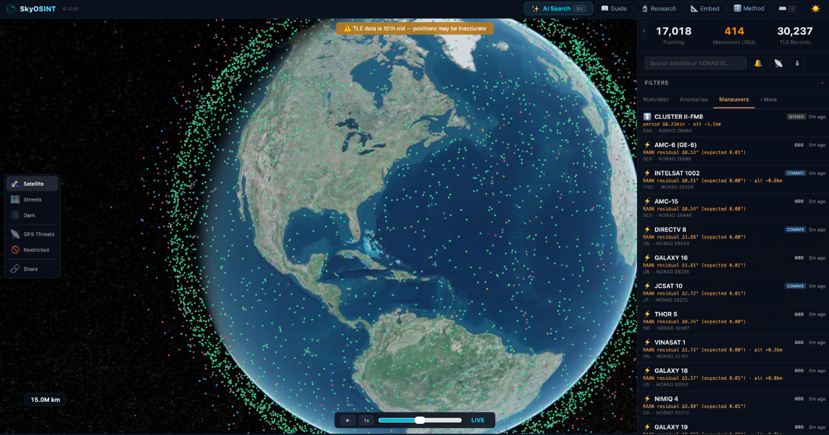 SkyOSINT browser interface showing satellite anomaly detection