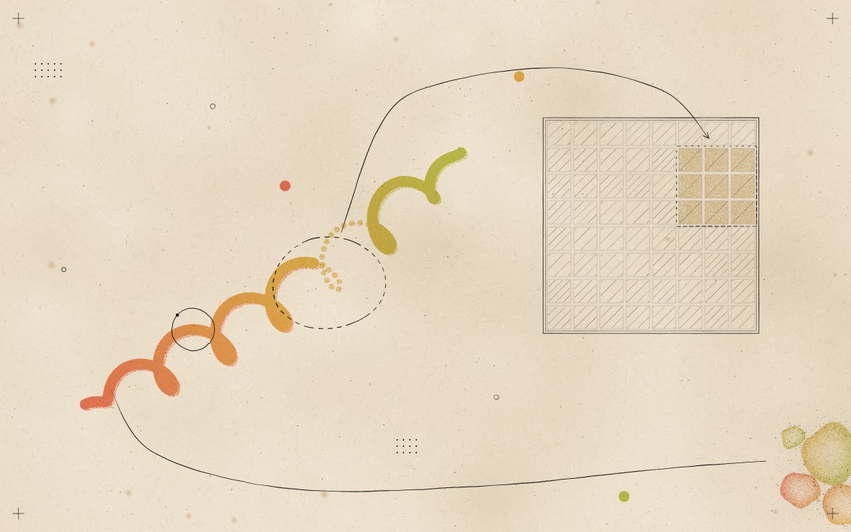 A protein shape with one uncertain segment, a confidence grid with matching pale cells, and hand-drawn annotations linking them to small forms at the edge.