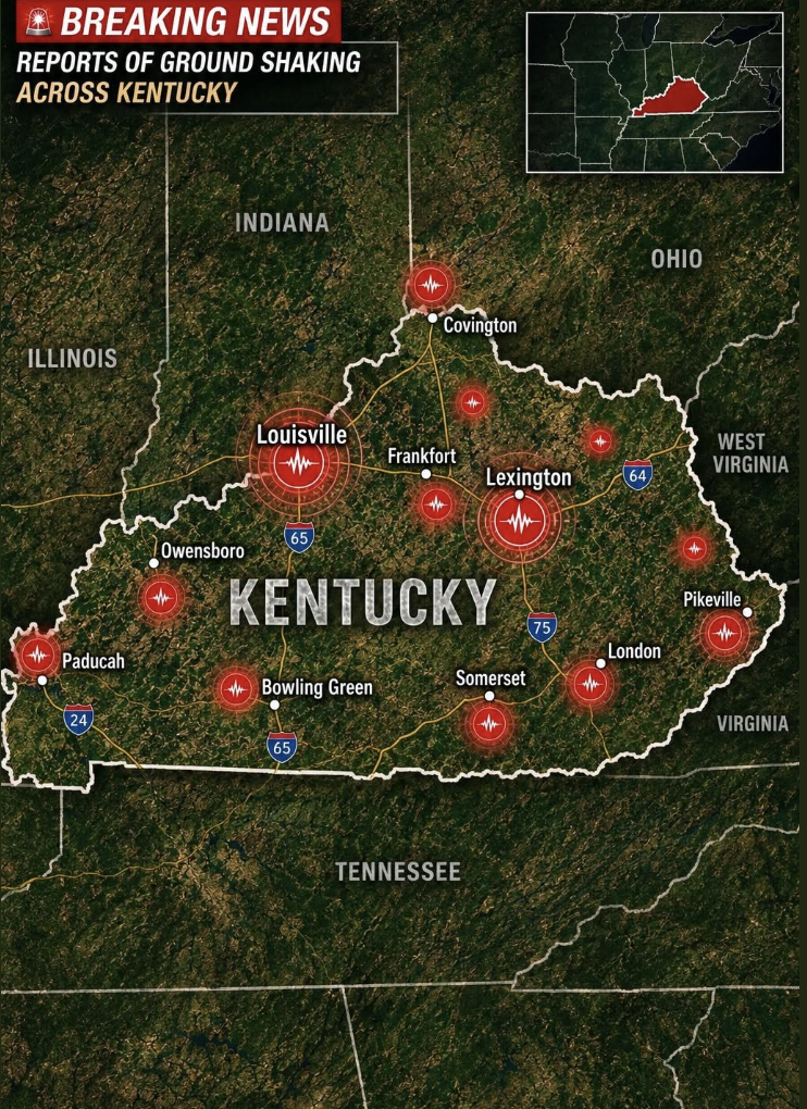 A satellite-style map of a U.S. state with a squished shape and a bulleted earthquake report, a copy-and-paste Facebook post made with AI