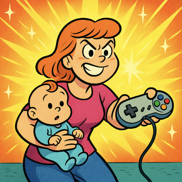 A determined woman playing a video game while holding a baby