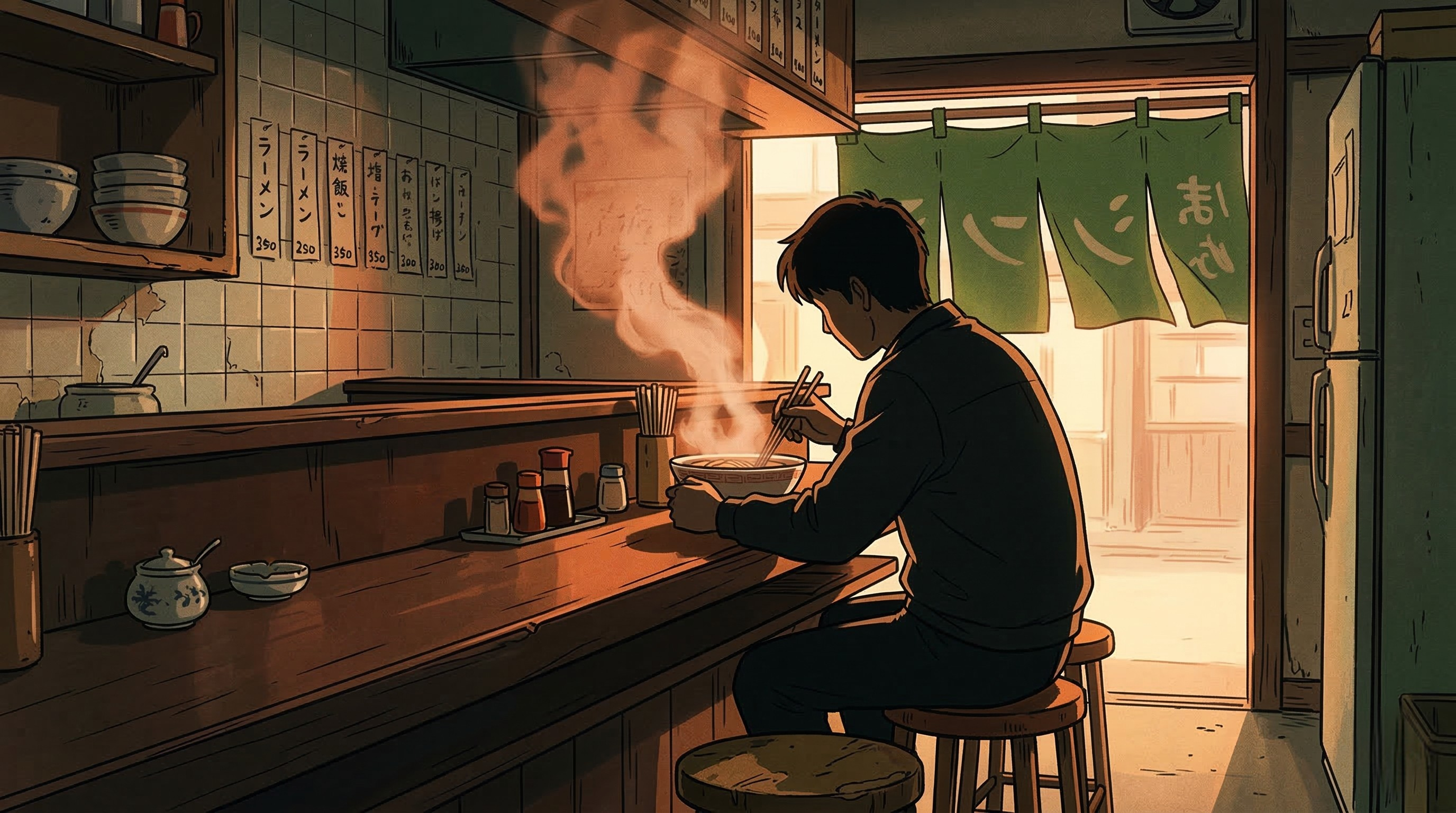 Vintage anime scene depicting a bustling Japanese street at golden hour