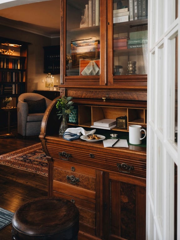 Antique cabinet and refreshments in the library at Wickwood Inn