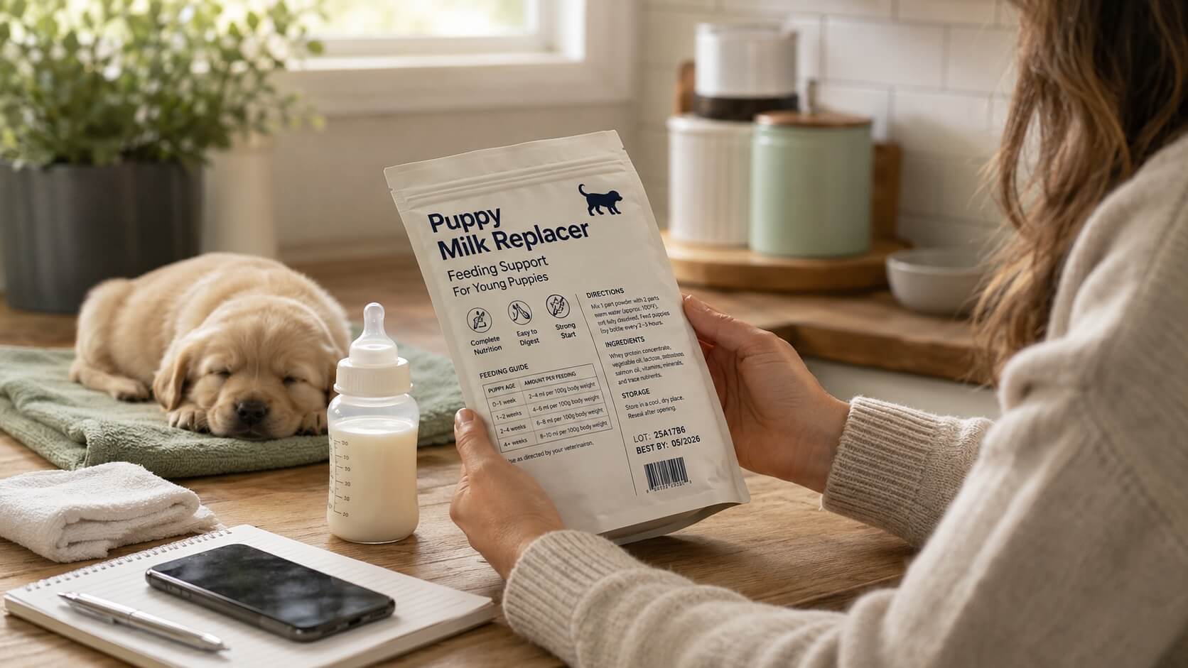 A dog owner checks a puppy milk replacer package beside a puppy bottle while a young puppy rests on a towel in a sunlit kitchen.