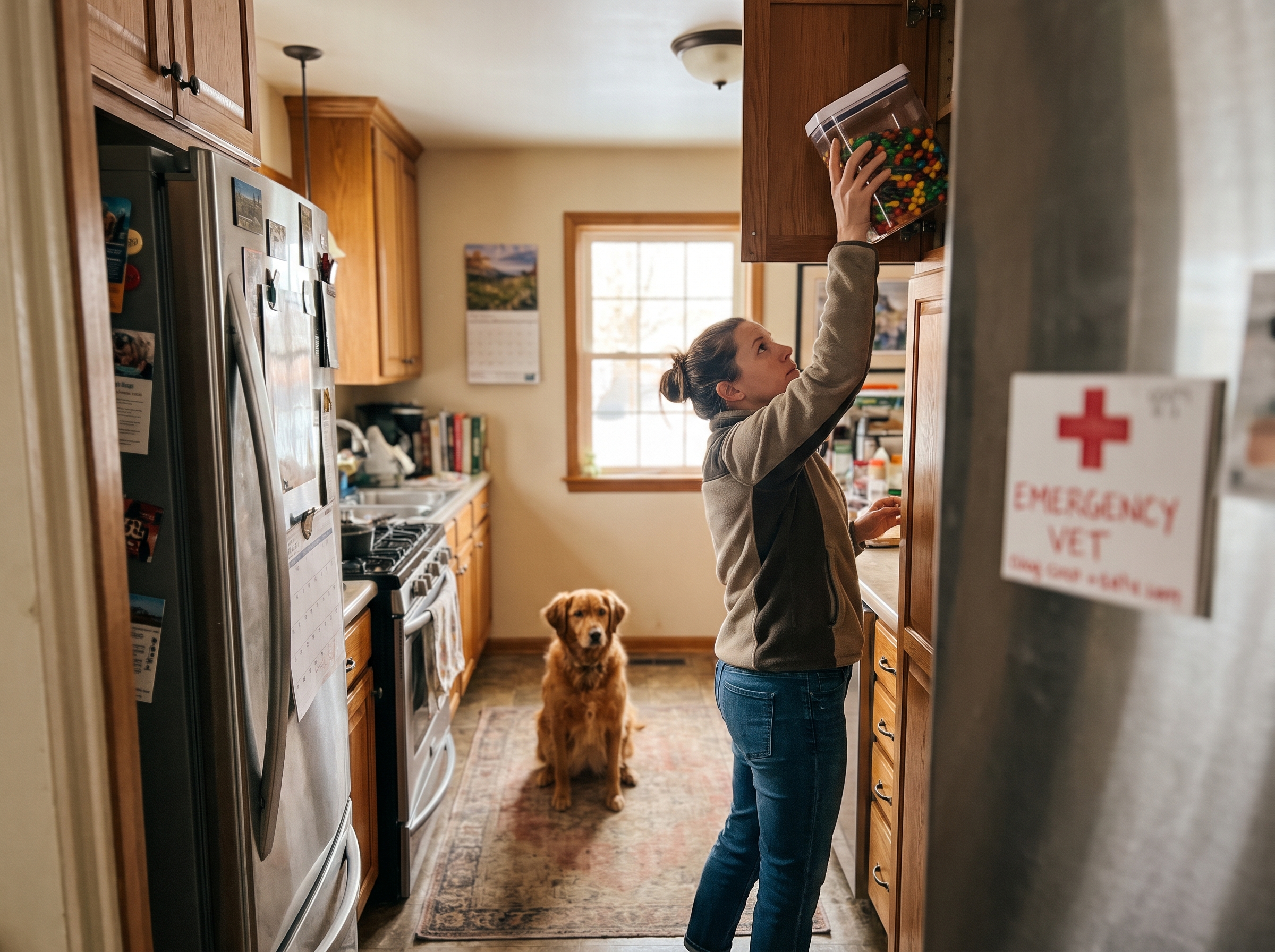 Illustrative household action: Woman about 55 puts sealed candy container into a high cupboard while healthy family dog sits on floor at a distance, emergency vet contact card on fridge out of focus, natural home photo.