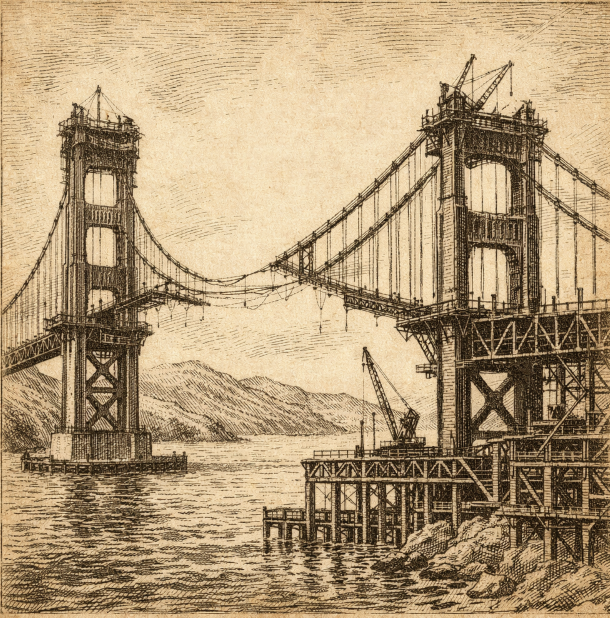 Vintage ink-style illustration of early-stage Golden Gate Bridge construction with steel towers and suspension cables, no text or people