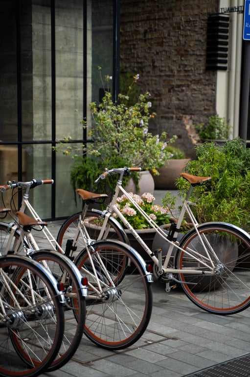 Bicycles beside the landscaped exterior of Hotel Britomart