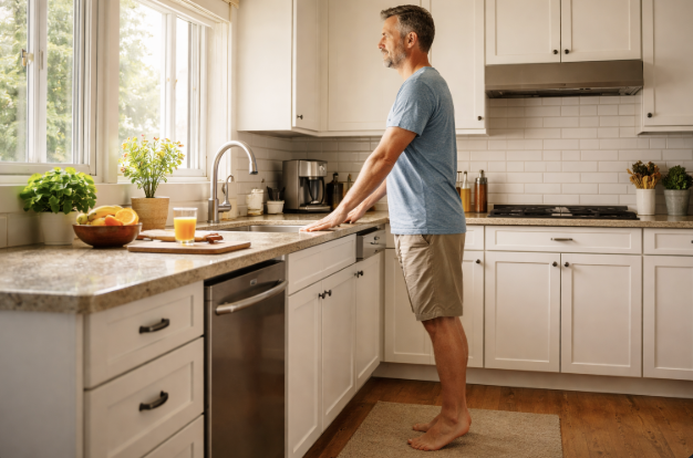 Man holding kitchen counter while doing toe raises