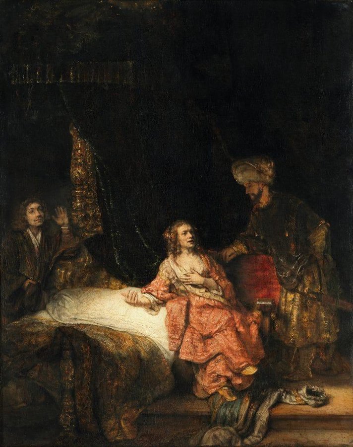 A painting by Rembrandt depicting the biblical story of Joseph and Potiphar’s wife, with a young man recoiling as a richly dressed woman in bed clutches his garment while another man gestures nearby