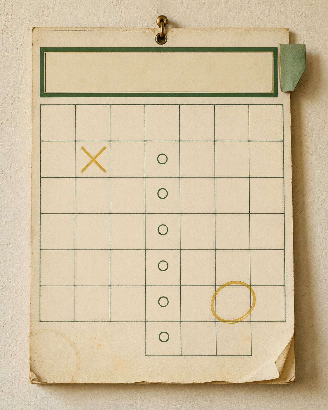 A vintage Showa-era wall-calendar page, portrait orientation, hanging against a warm off-white plaster wall. A grid of blank cream cells drawn in fine hand-inked matcha-green rules. One cell high in the grid is lightly crossed out in faded pale gold (the test, now behind us); a steady vertical column of small identical matcha-green circles runs down one weekday (the repeated weekly Sunday Reset); and one cell near the lower-right is left empty inside a soft wobbly pale-gold ring (the unknown results date). Aged paper with a curled lower corner and a sage-green paper tab clip. The passage of the limbo made visible: a date behind, a steady weekly beat between, and a ringed blank still ahead.