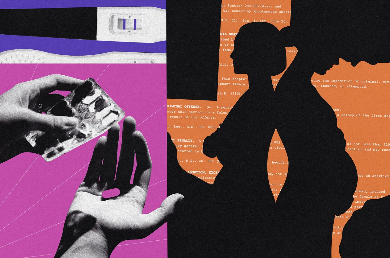 Collage featuring a positive pregnancy test and two women standing back to back against the shape of Texas