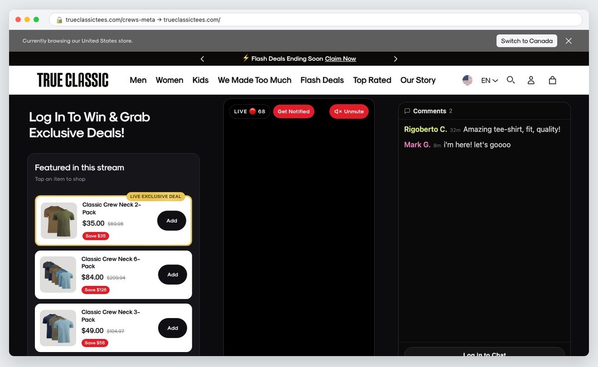 The True Classic homepage the ad lands on, running a live shopping stream