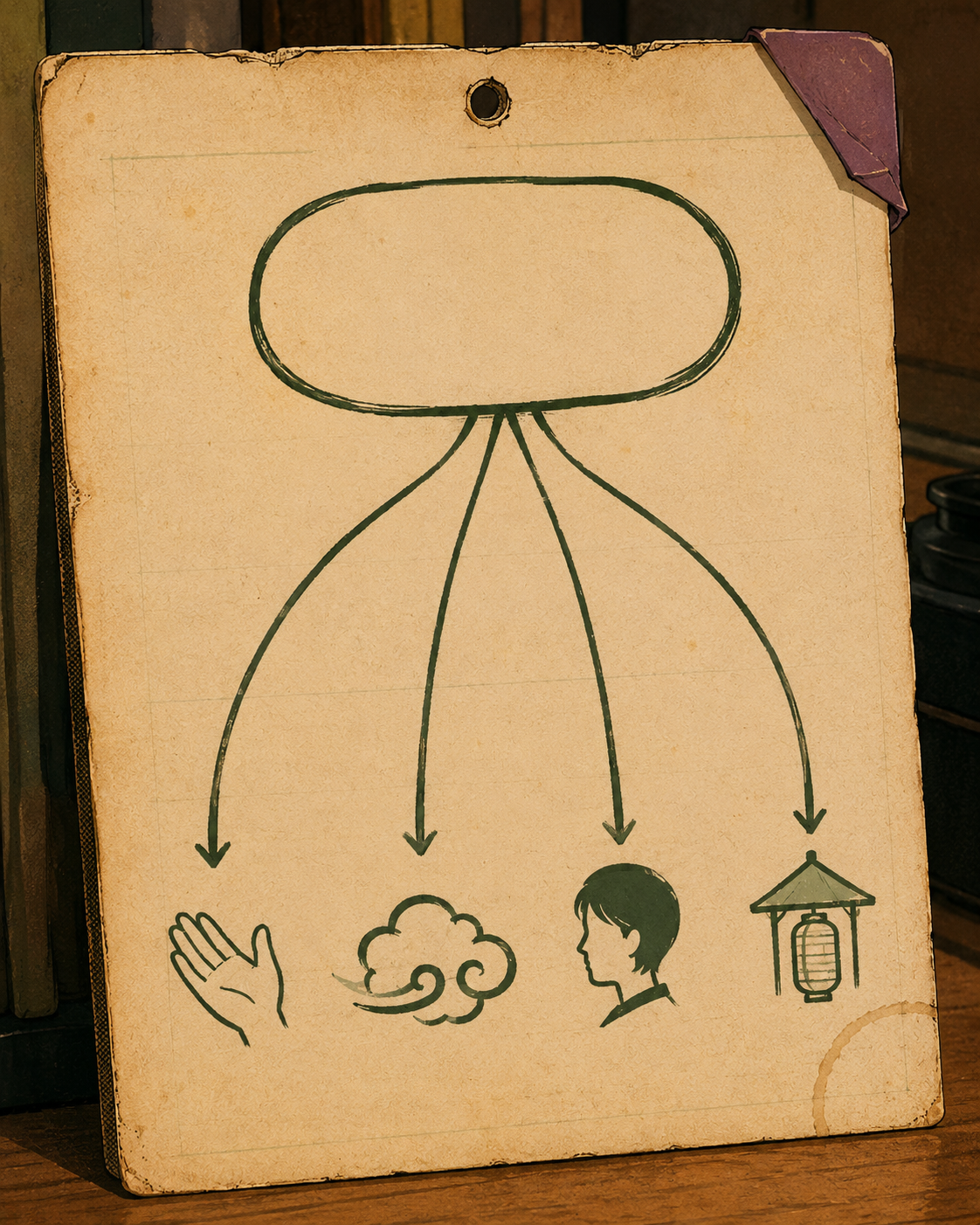 A vintage Showa-era hand-inked sorting card leaning against a warm desk, portrait orientation. One hand-inked question-bubble at the top splits downward into exactly four clean branch-lines, each ending in a distinct small icon: an open hand (a bodily reaction), a soft cloud (an overall state), a small profile-face in silhouette (someone else's mood), and a little hanging shop-lantern (a thing's vibe). Aged cream paper with worn corners, a faint foxing spot, a tea-ring trace and a thumb-tack hole; a plum-wine corner-tab clips the upper edge. The 'feeling about what?' engine drawn as one question splitting cleanly into four distinct answers.