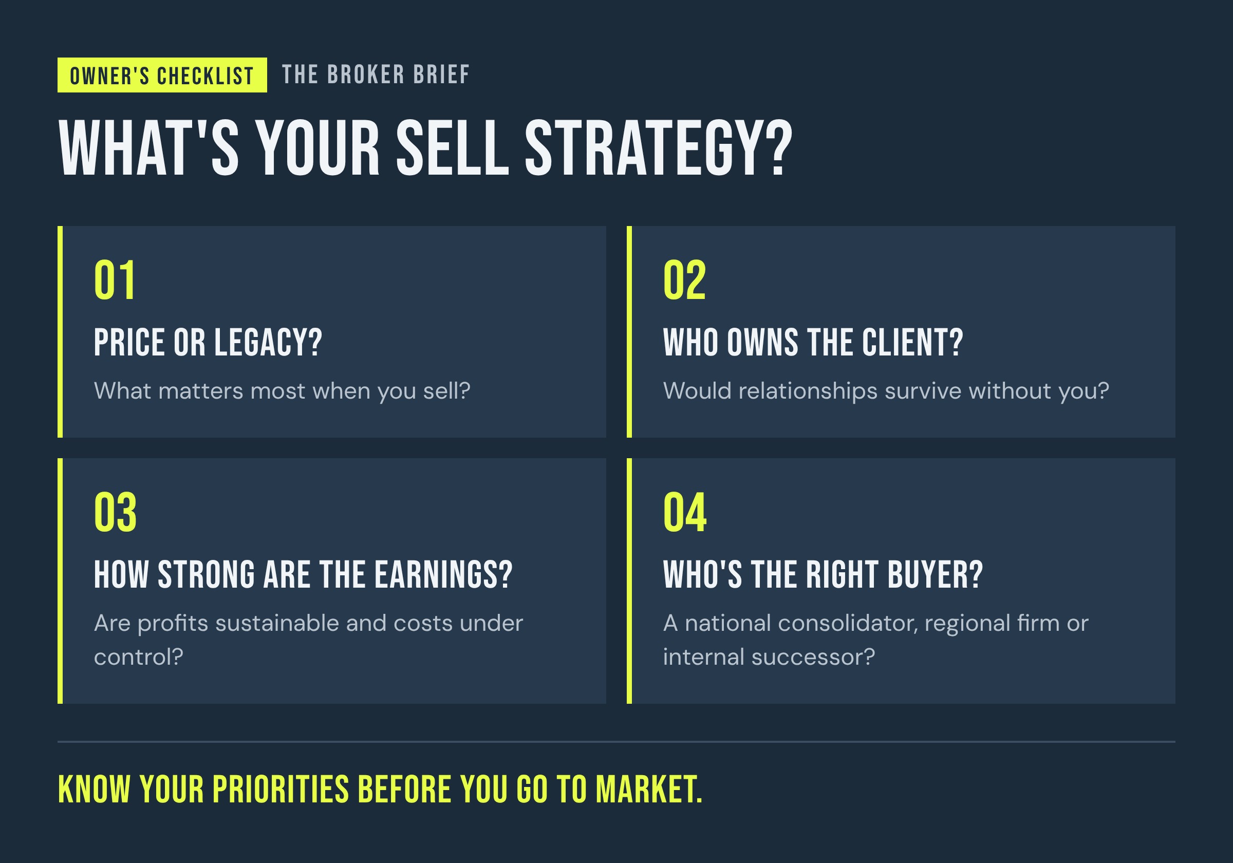 Owner’s Checklist: What’s your sell strategy? Price or legacy? Who owns the client? How strong are the earnings? Who’s the right buyer?