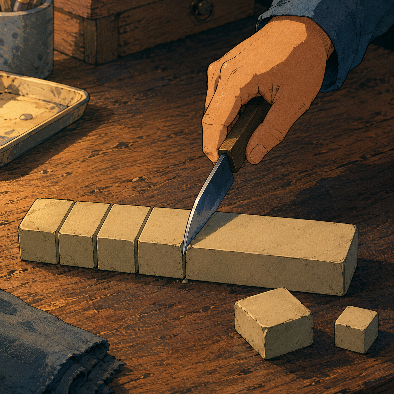 A vintage Showa-era anime close-up still-life on a warm wooden desk: a hand enters from the upper-right holding a small knife mid-cut, dividing a single long bar that is already scored into blocks of clearly unequal width — cutting one block wider than the rest, deliberately giving it the biggest share. A single warm desk light from the upper left catches the bright knife edge and cools to dusty slate-blue in the shadows. The mnemonic for 割 (to divide, to split, to allocate) made visible — you're not adding study time, you're dividing the time you've got and cutting the biggest piece for the skill that needs it most.