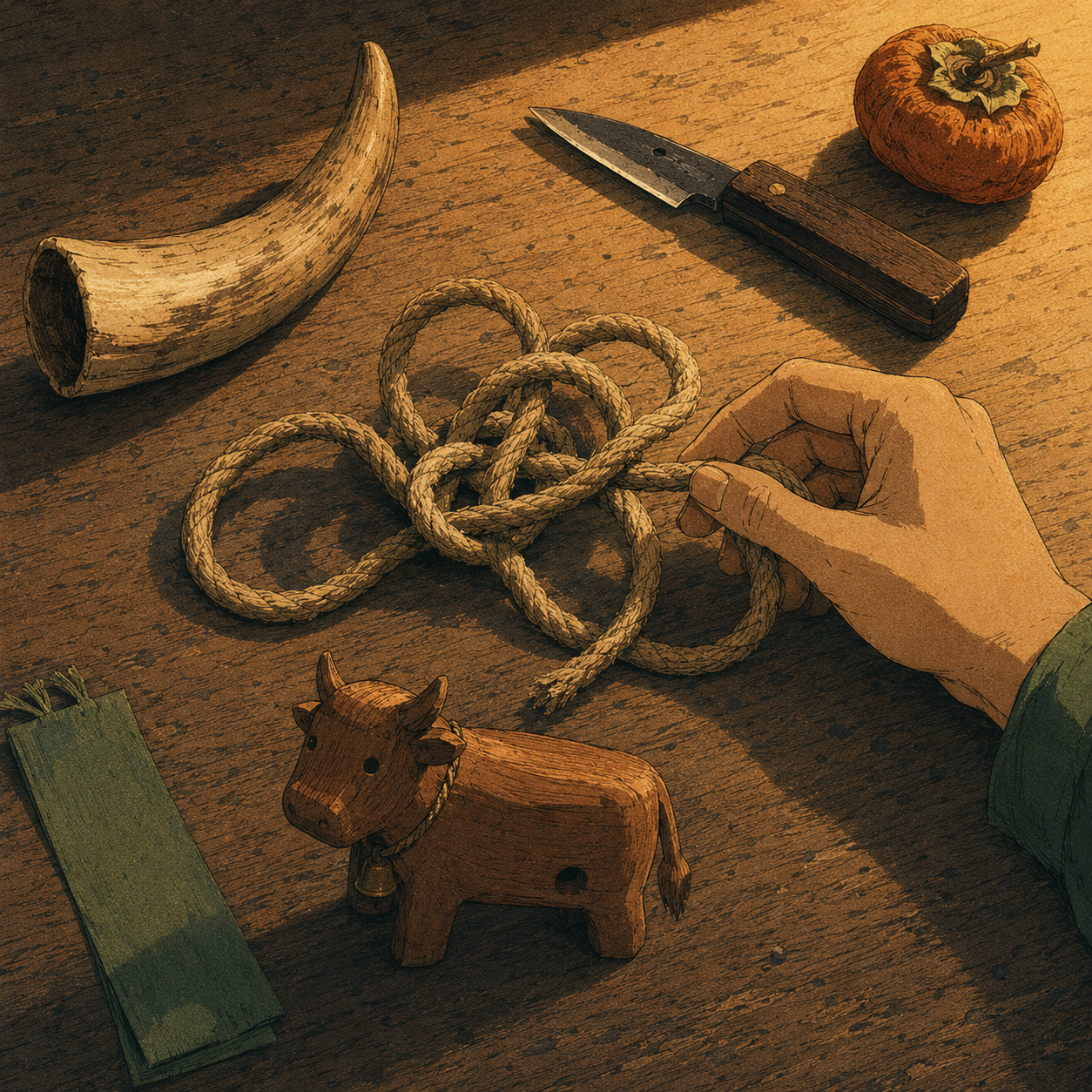 A vintage Japanese kanji-etymology textbook illustration in warm afternoon light. On a worn wooden table, a single human hand enters from the right and gently untangles a thick knotted cord at the center. Around the cord, arranged in a loose triangle: a curved ivory ox horn at upper-left, a small traditional Japanese knife at rest with its blade pointing away at upper-right, and a small carved wooden ox folk-toy figurine at lower-center — the three etymological components of 解 (horn, knife, cow) made visible as objects. A matcha-green cloth bookmark anchors the lower-left edge. A warm ochre dried persimmon sits in the upper-right corner. The kanji of patient untying.