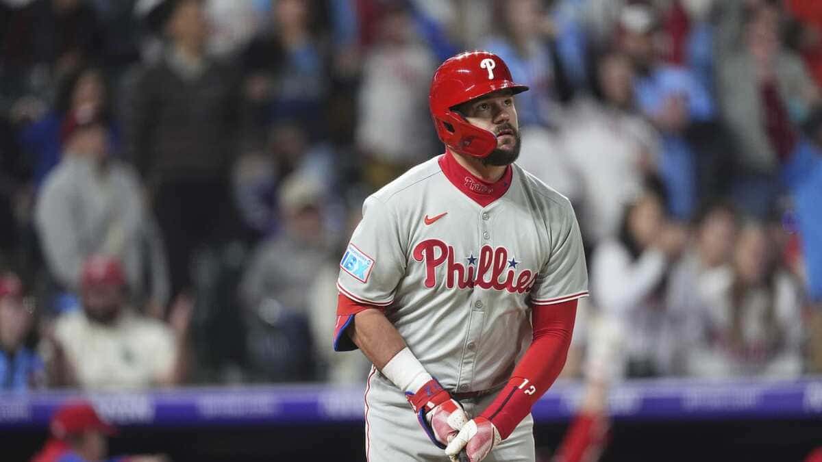 Kyle Schwarber hitting home run for Philadelphia Phillies during his record-pace 2026 season
