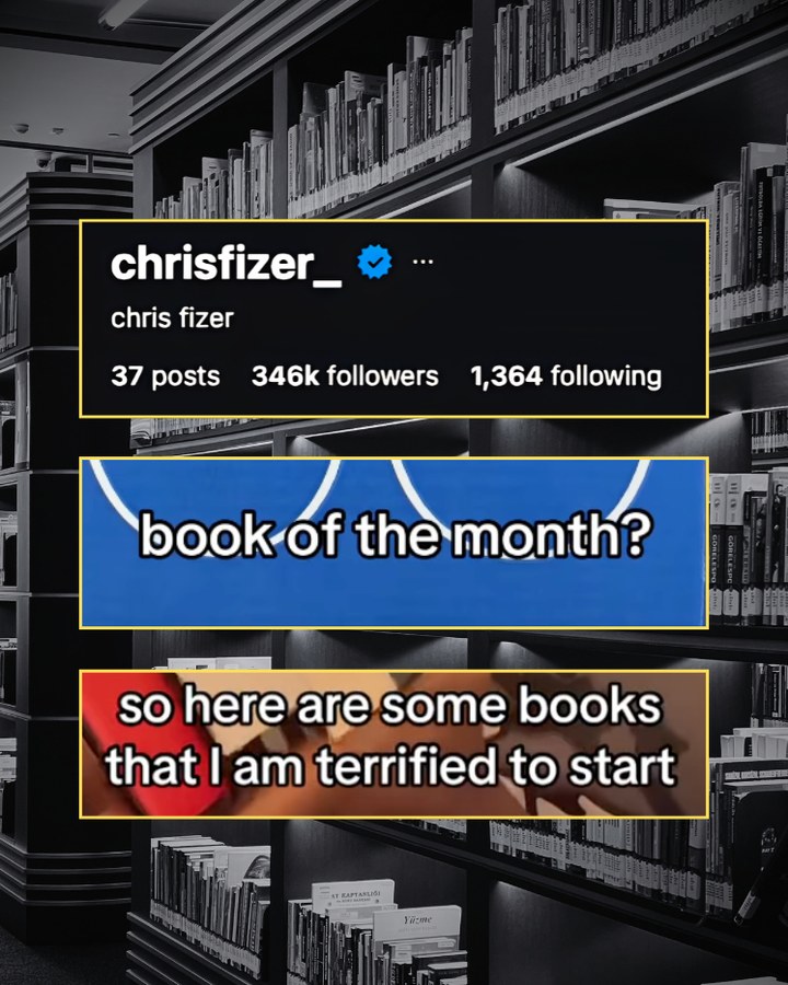 Library shelves with the chrisfizer_ profile and two post titles set over them