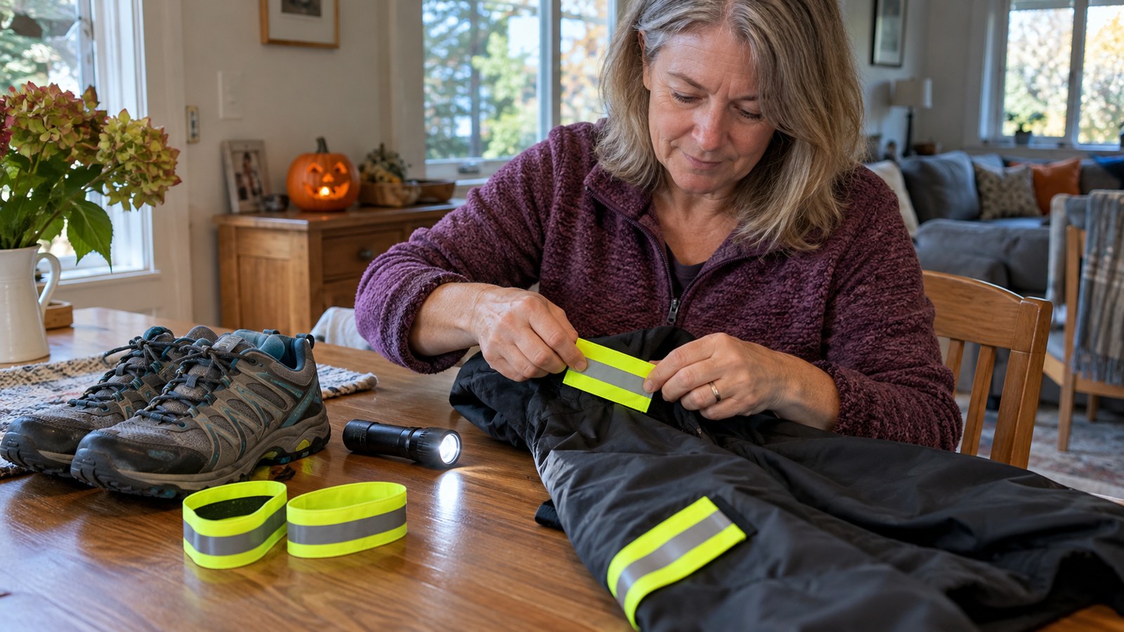 A woman in her50s fastening reflective bands onto a coat laid on a table beside a working small flashlight and practical shoes, a small Halloween pumpkin background, daylight preparation not road testing.