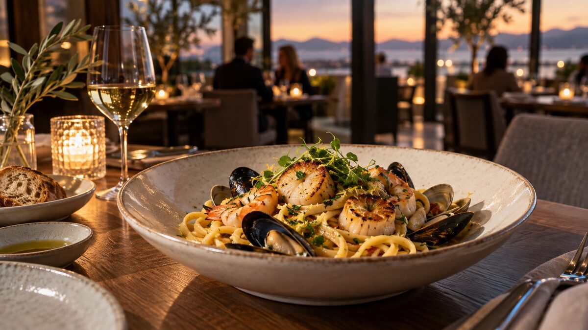 Photorealistic editorial illustration of Italian West Coast dining in Tsawwassen, Delta BC
