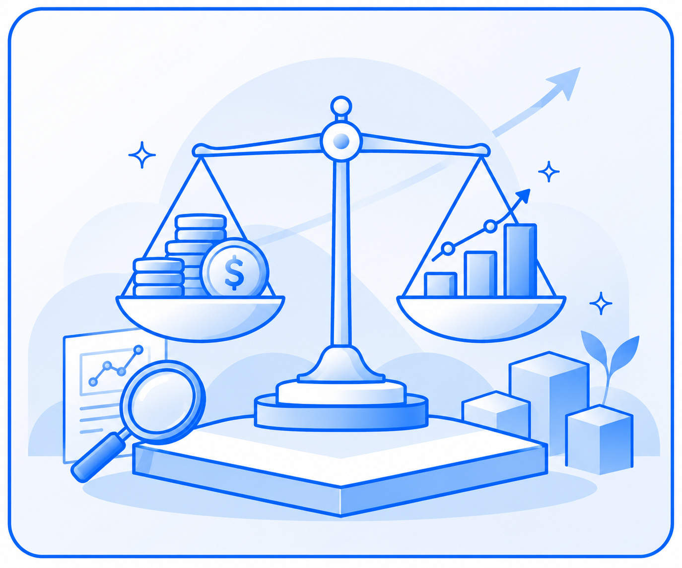 Scales balancing money and future growth