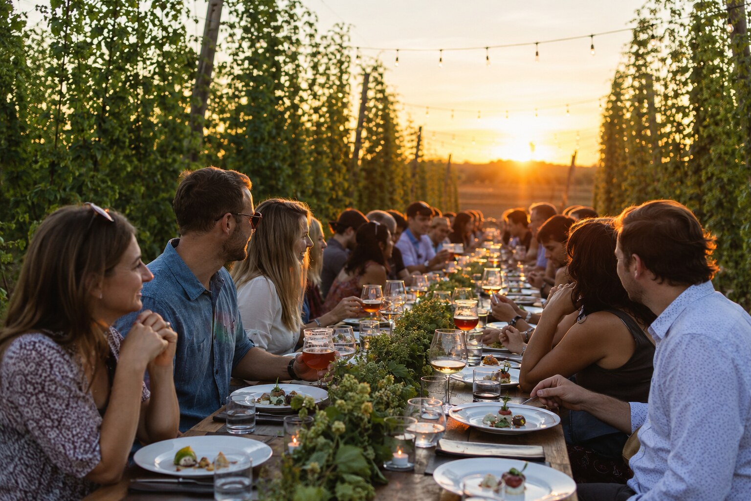 Adults sharing a long-table farm dinner between tall hop rows at sunset