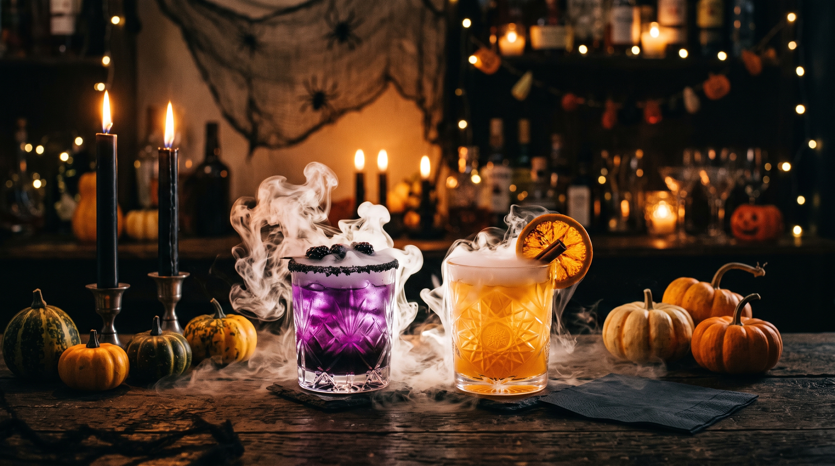 Spooky Halloween cocktails with glowing smoke on a candlelit bar