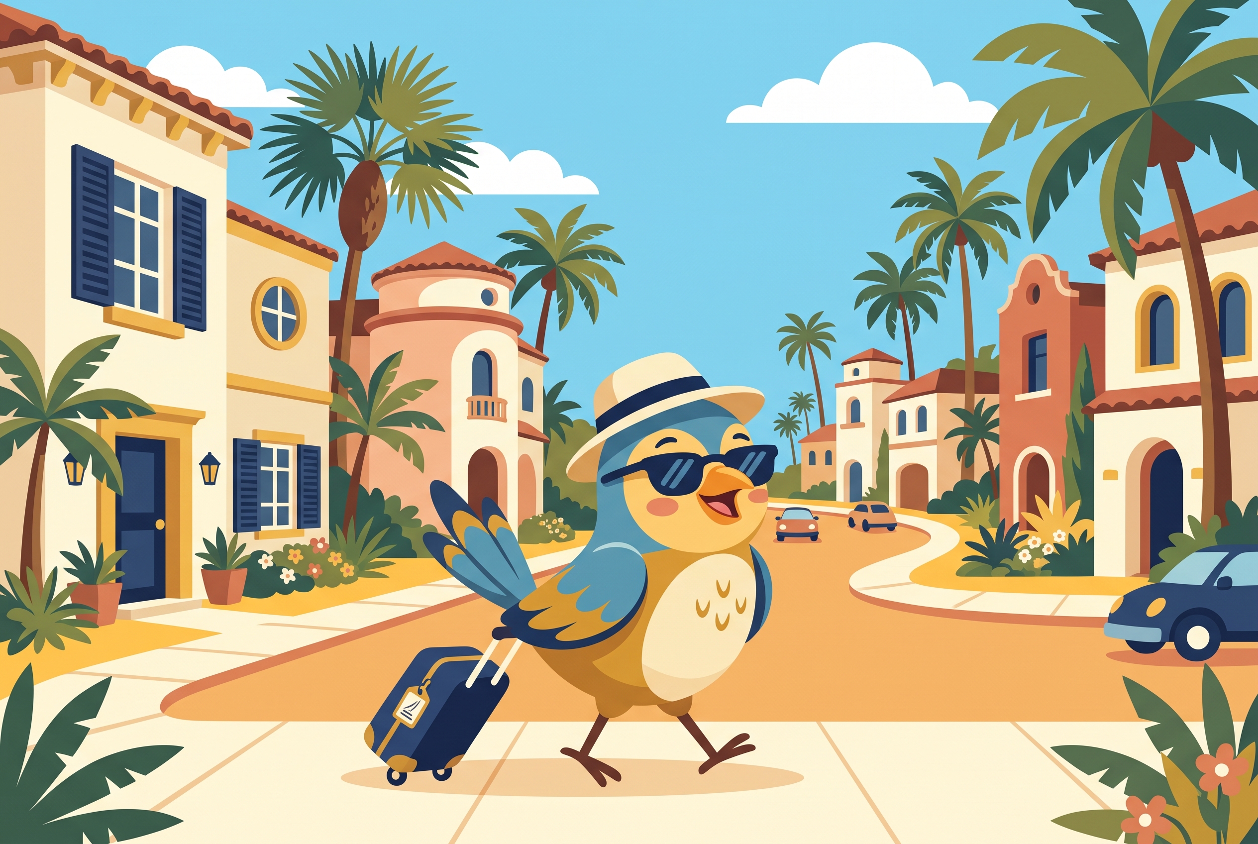 Illustration of a cartoon bird in sunglasses arriving on a palm-lined Florida street with a suitcase