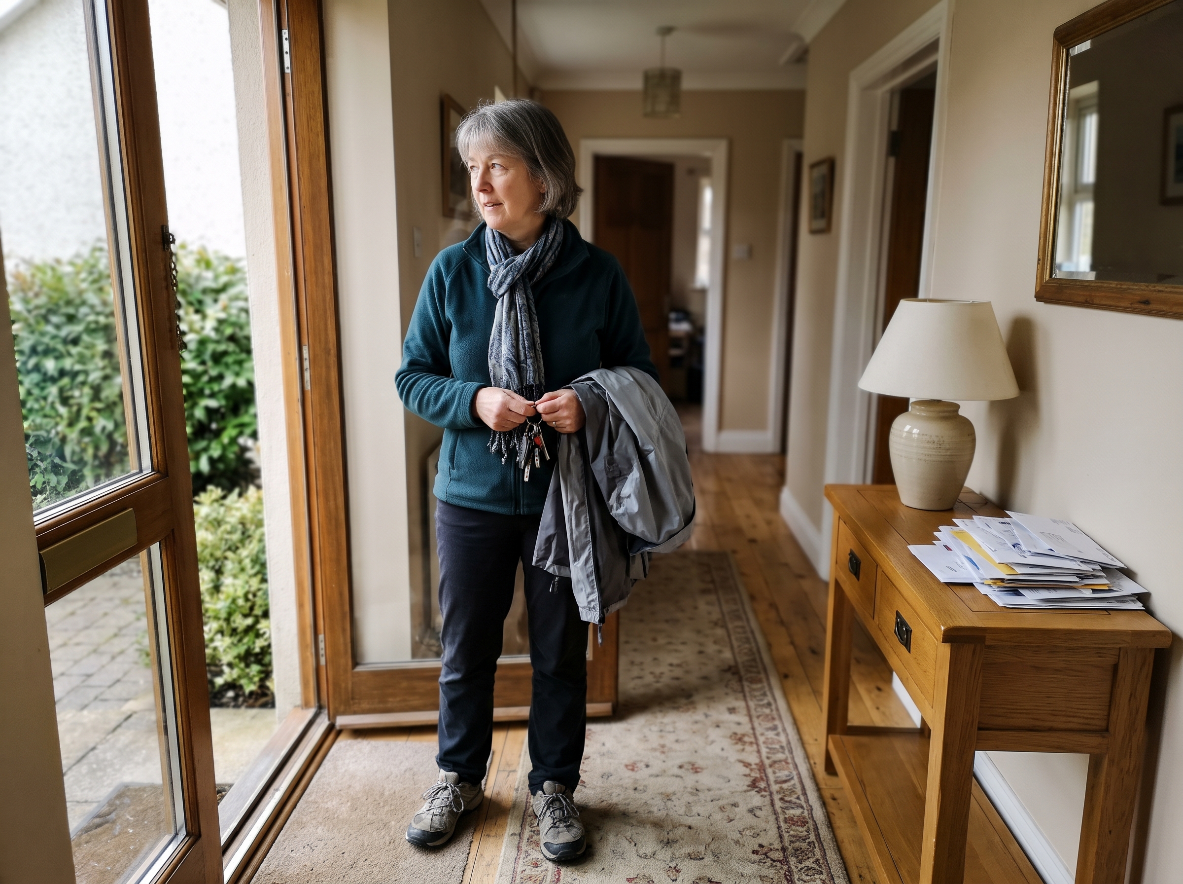 Illustrative scene: Candid smartphone snapshot of a woman about 55 about to leave her home for a walk; keys and jacket in hand as she glances back toward the hallway with a mildly hesitant expression