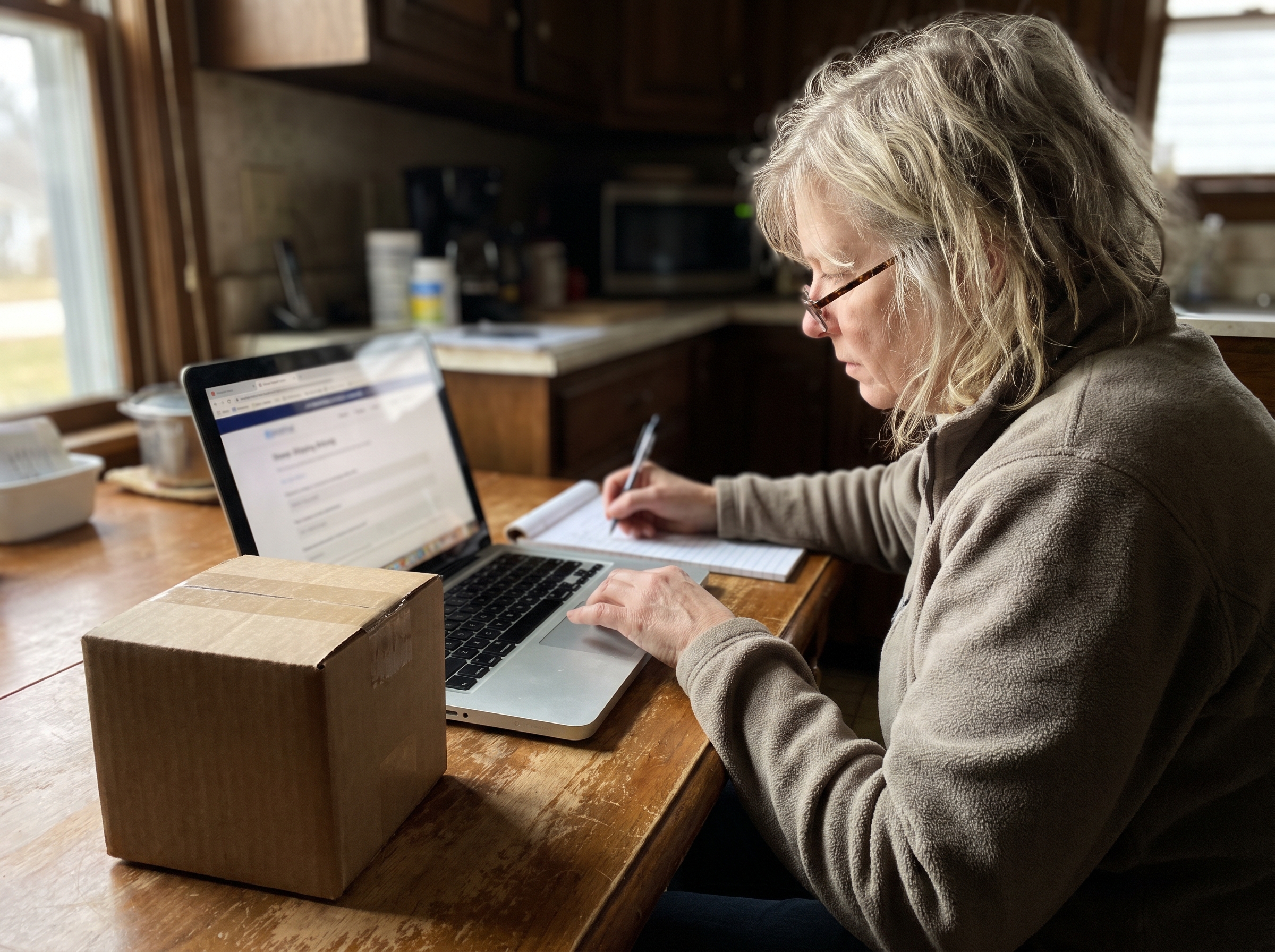 Illustrative household action: Woman about 55 checking parcel tracking on laptop while making a simple list of one package on paper, unbranded small box beside her, no readable tracking number.