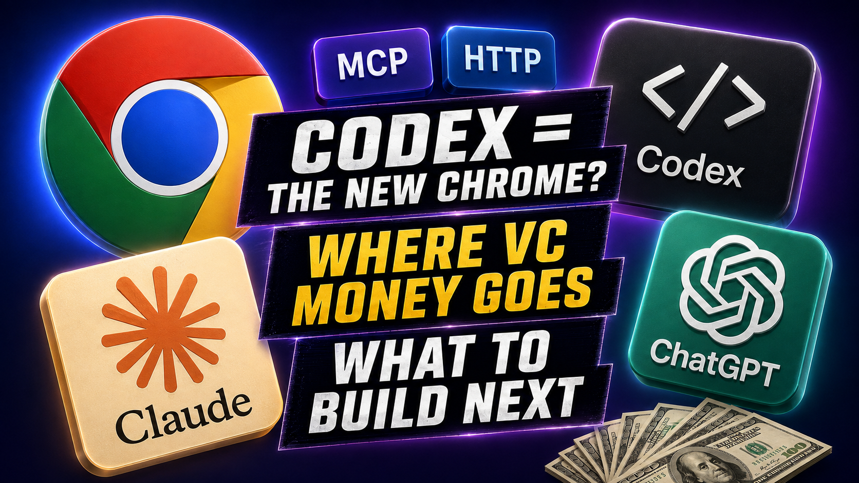 Chrome, Claude, ChatGPT and a labeled Codex coding tile surround the three article headlines, with MCP and HTTP tiles above.