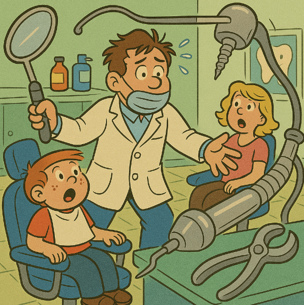 A cartoon of a flustered dentist in a chaotic office with oversized tools and surprised patients - Vibrant colors, cartoon style with exaggerated content. An art style mix of Family Circus and The Jetsons.