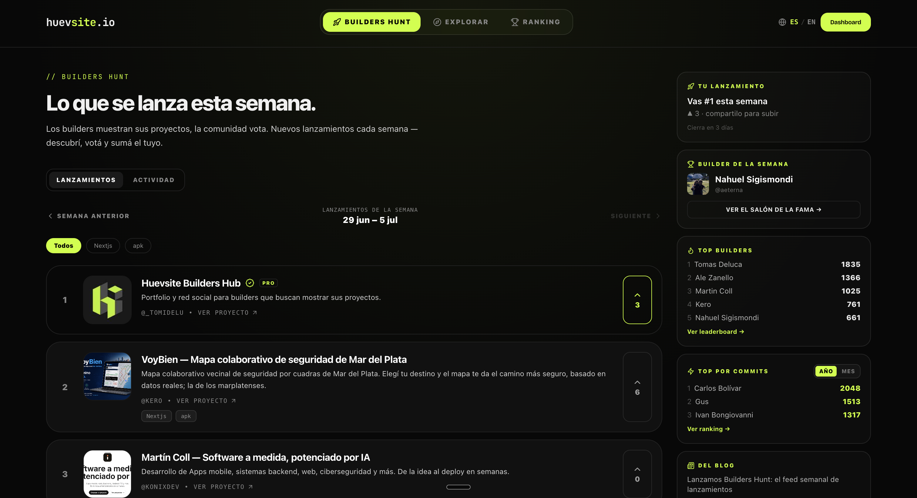 Feed de Builders Hunt en huevsite.io con los lanzamientos de la semana del 29 de junio al 5 de julio