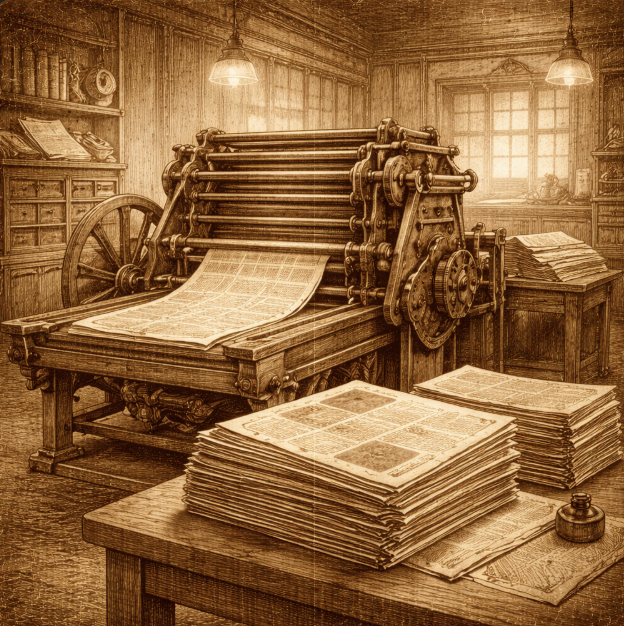 A vintage printing press and stacked newspapers in a 18th-century newsroom scene (no text, no people)
