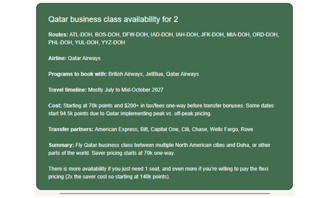 Deal summary: Qatar Airways business class from 11 North American cities to Doha, bookable with British Airways, JetBlue or Qatar, starting at 70k points plus about $200 one-way, July to mid-October 2027.