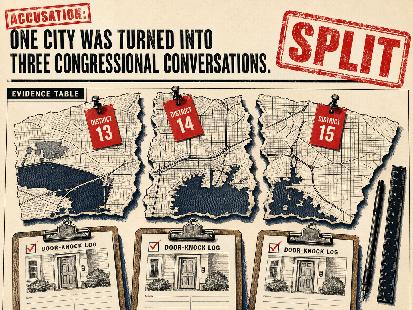 Illustration of Tampa split three ways by congressional district lines