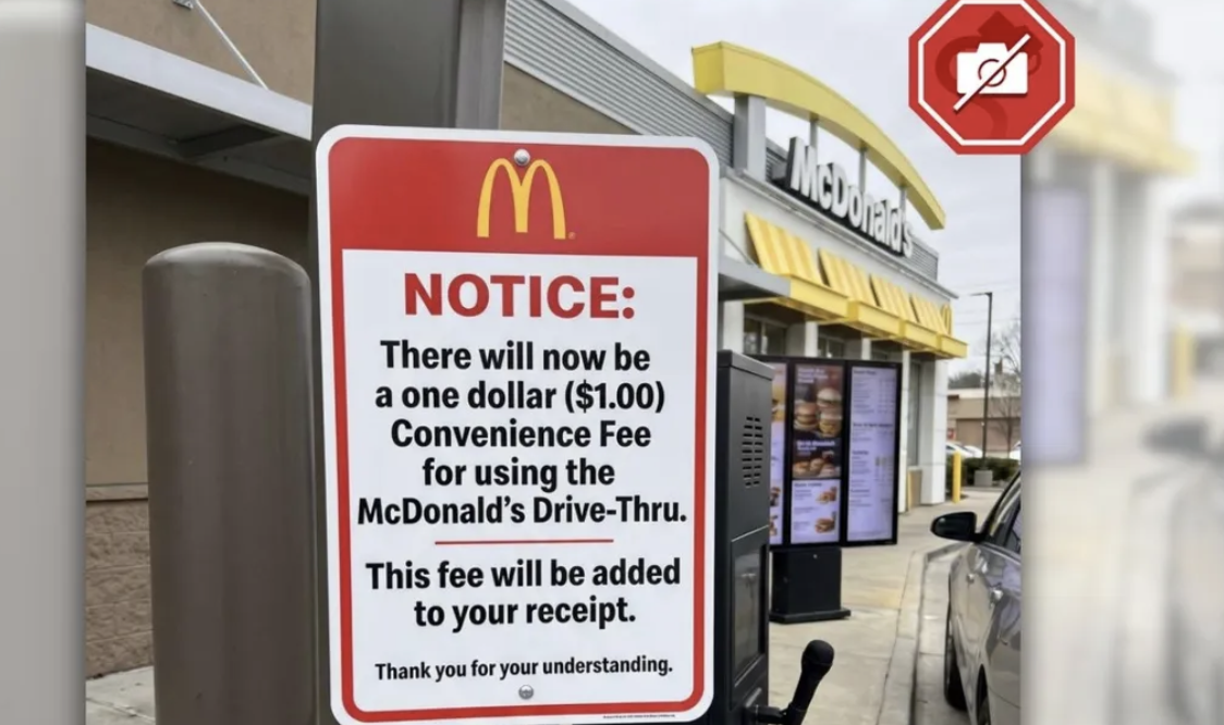 A fake McDonald’s drive-thru sign announcing a $1 ‘convenience fee’ the company never charged