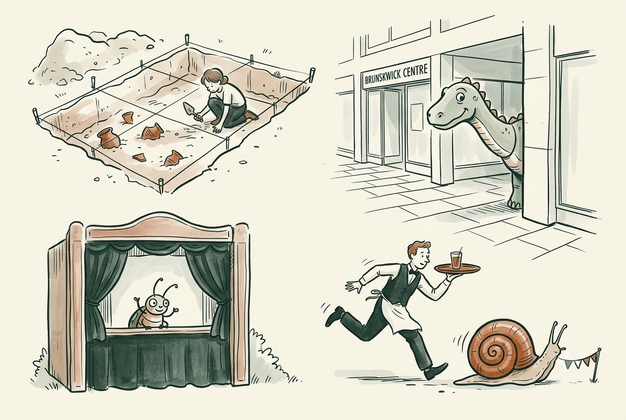 Illustration of an archaeological dig, a dinosaur poking out of a shop doorway, a puppet bug show, and a waiter racing a snail