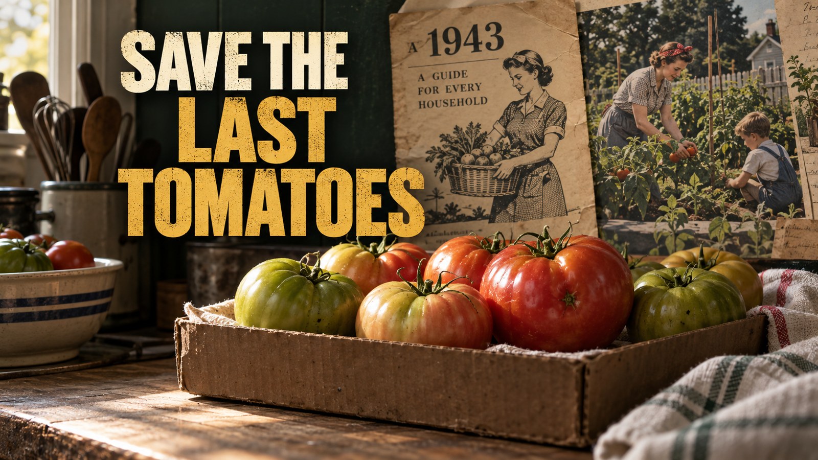 Illustrative documentary collage: SAVE THE LAST TOMATOES