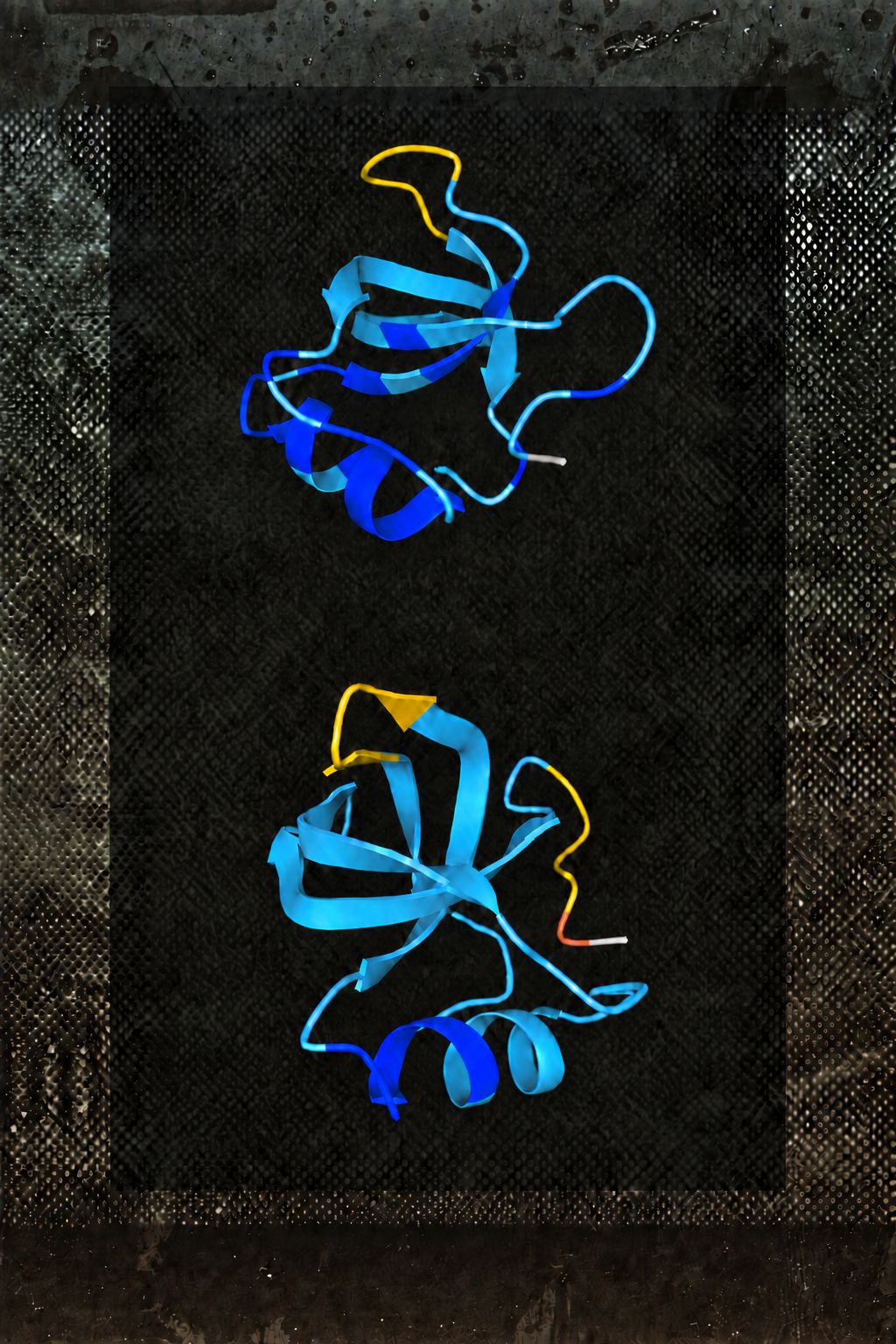 Two predicted protein shapes side by side, coloured by confidence, labelled original and after one change.
