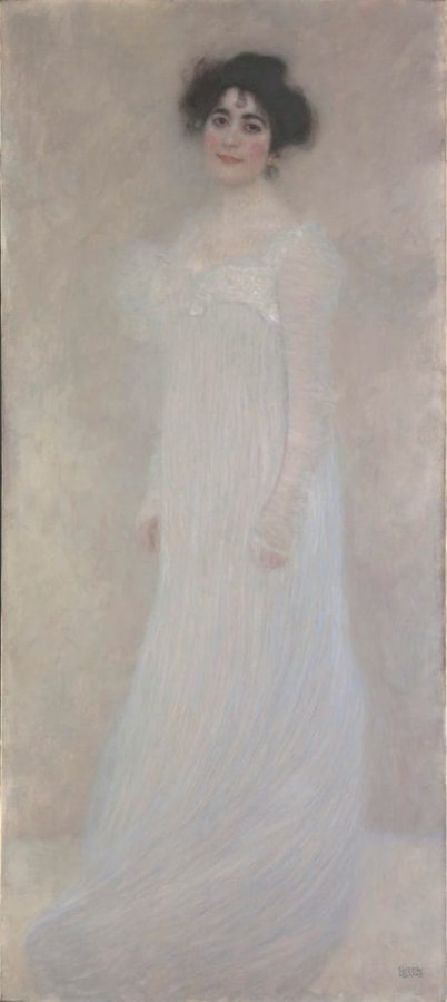 Painting of a standing woman with dark upswept hair in a long, pale white gown, set against a soft gray and pink background