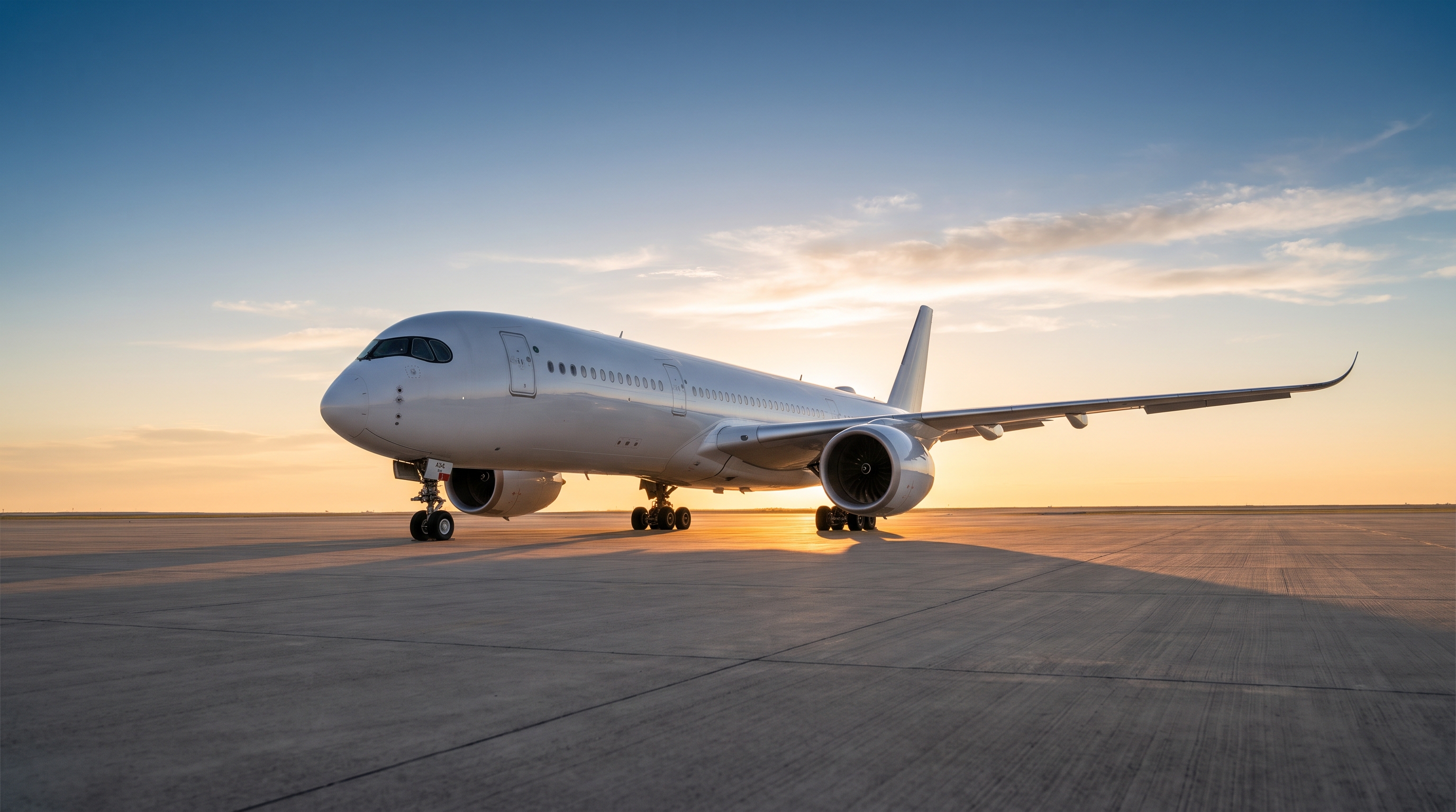 A single polished white passenger jet parked alone on an empty apron at dawn under a wide navy and gold sky